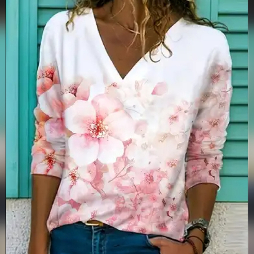 Exclusive White w/ Pink Floral V Neck Top